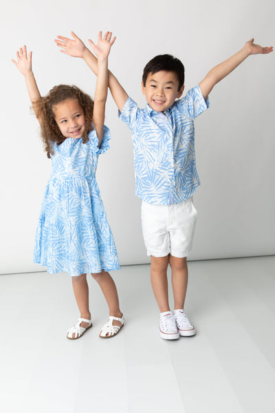 Tropical Palms Blue Shirt in Short Sleeves