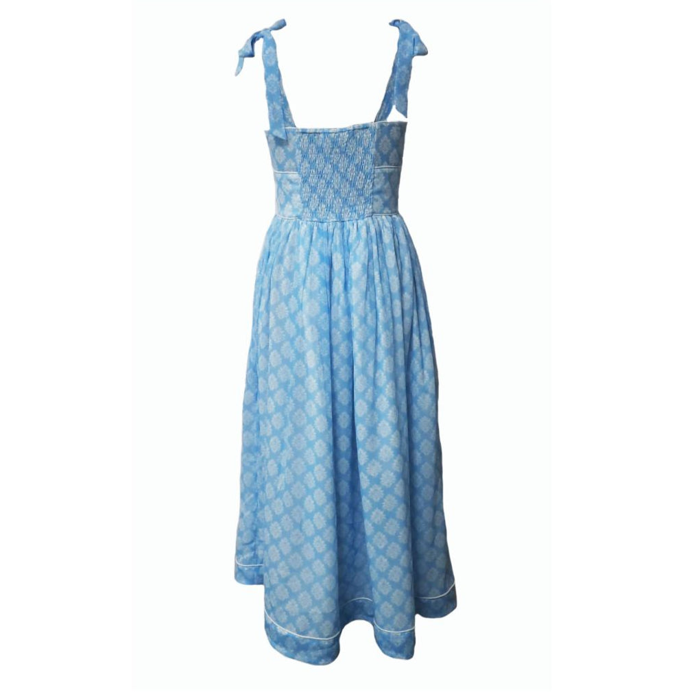 Women's Shirred Dress in Blue Block Print
