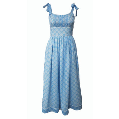 Women's Shirred Dress in Blue Block Print