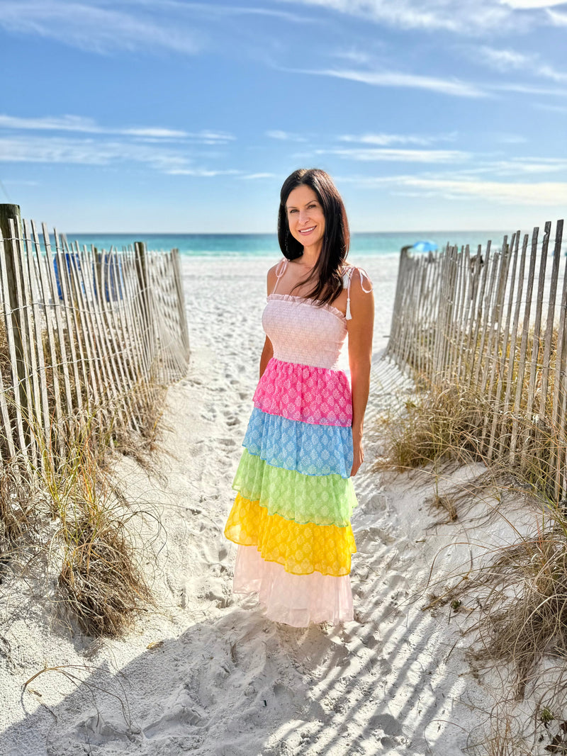 Women's Smock Bodice Tiered Dress in Block Print