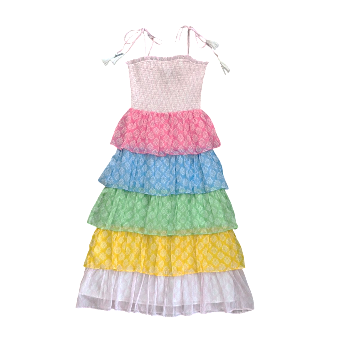 Women's Smock Bodice Tiered Dress in Block Print