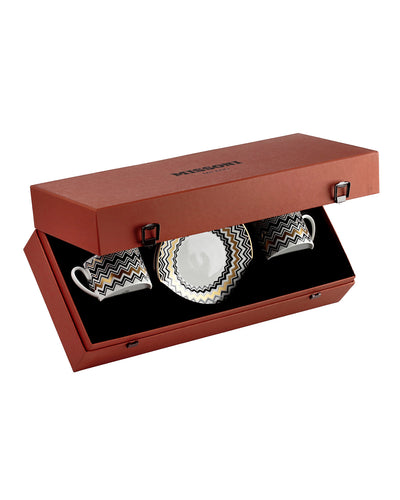 Missoni Home Tea Cup & Saucer ZIG ZAG Set of 2 in Luxury Box Gold diam. 3.3", H 2.3", cap. 7.5 oz, Saucer diam. 6"