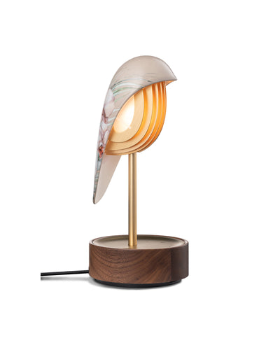 Daqi Alarm clock pale pink porcelain bird with gold accents and walnut base wakes up with bird sound works with an app
