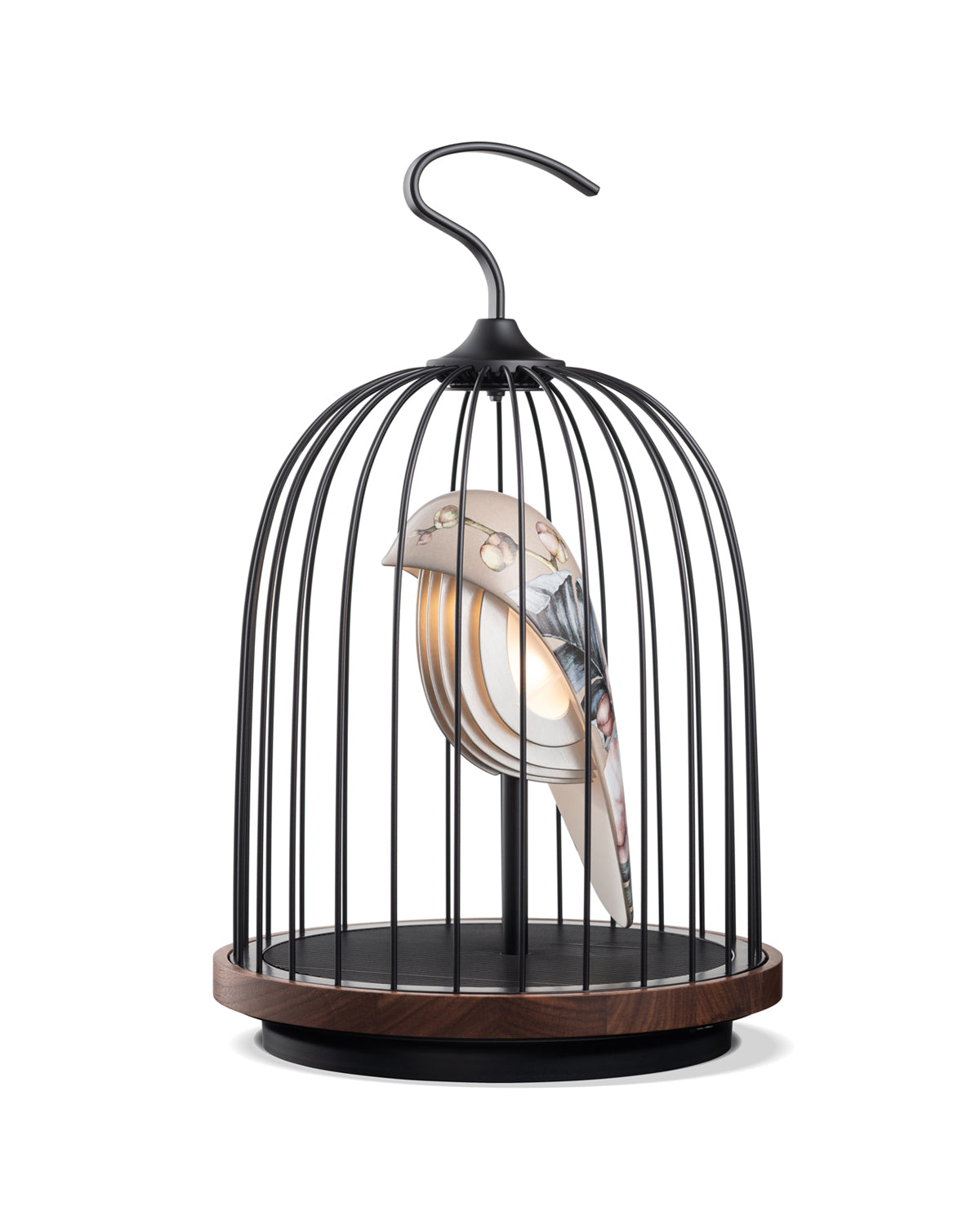 Daqi Bluetooth Speaker and Light pale pink porcelain bird with flower pattern black cage and walnut color speaker base