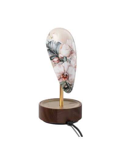 Daqi Alarm clock pale pink porcelain bird with gold accents and walnut base wakes up with bird sound works with an app