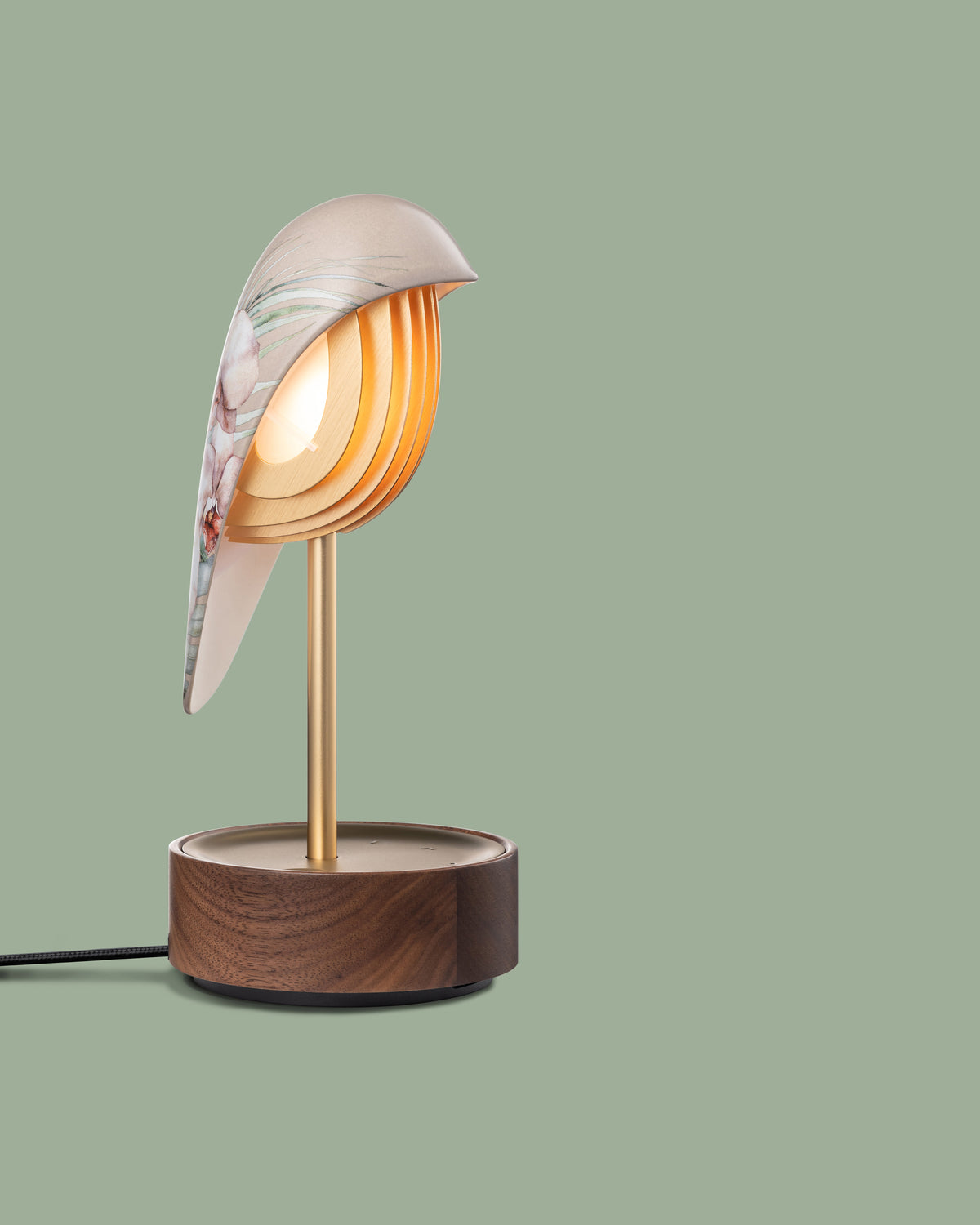 Daqi Alarm clock pale pink porcelain bird with gold accents and walnut base wakes up with bird sound works with an app