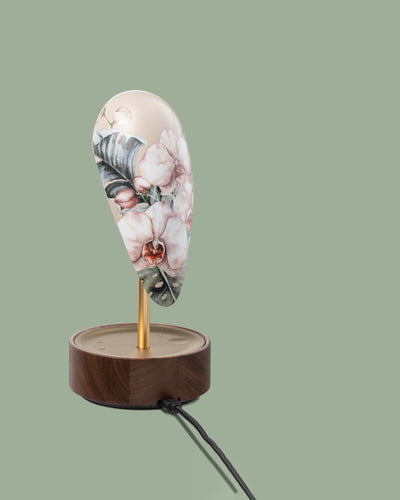 Daqi Alarm clock pale pink porcelain bird with gold accents and walnut base wakes up with bird sound works with an app
