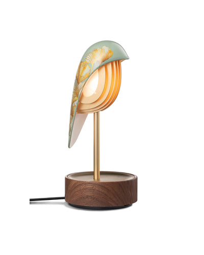 Daqi Alarm clock pale green porcelain bird with gold accents and walnut base wakes up with bird sound works with an app