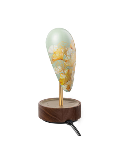 Daqi Alarm clock pale green porcelain bird with gold accents and walnut base wakes up with bird sound works with an app