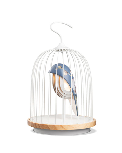 Daqi Bluetooth Speaker and Light Daqi Blue porcelain bird with flower pattern black cage and walnut color speaker base