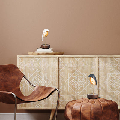 Daqi Alarm clock white porcelain bird with walnut wood base wakes up with bird sound works with an app