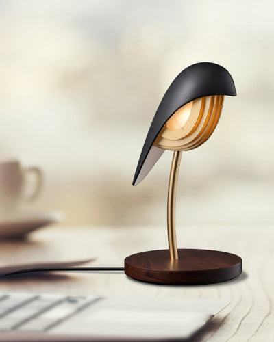 Daqi Side Table Lamp with USB charger with porcelein bird in Onyx Black