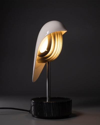 Daqi Alarm clock white porcelain bird with silver accents and black marble base wakes up with bird sound works with an app