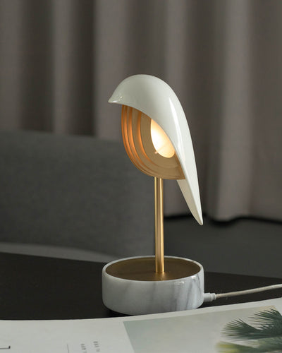 Daqi Alarm clock white porcelain bird with gold accents and white marble base wakes up with bird sound works with an app