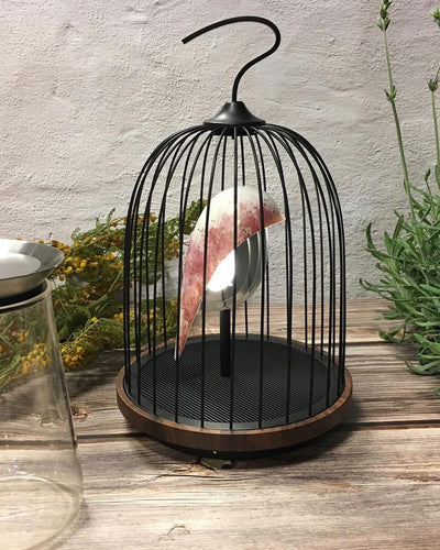 Daqi Bluetooth Speaker and Light white porcelain bird red gold specks gold accents black cage and walnut color speaker base