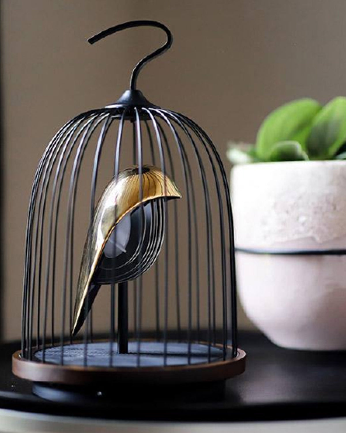 Daqi Bluetooth Speaker and Light gold porcelain bird gold accents black cage and walnut color speaker base