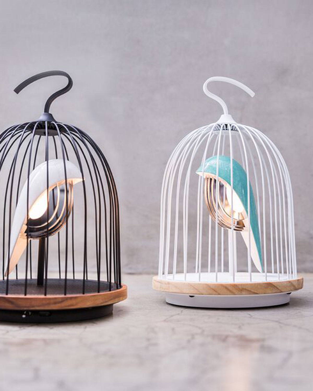 Daqi Bluetooth Speaker and Light white porcelain bird gold accents black cage and walnut color speaker base