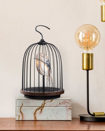 Daqi Bluetooth Speaker and Light pale pink porcelain bird with flower pattern black cage and walnut color speaker base