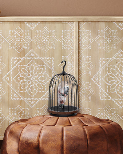 Daqi Bluetooth Speaker and Light pale pink porcelain bird with flower pattern black cage and walnut color speaker base