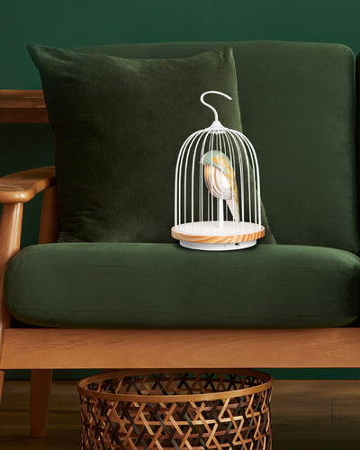 Daqi Bluetooth Speaker and Light pale green porcelain bird with flower pattern black cage and walnut color speaker base