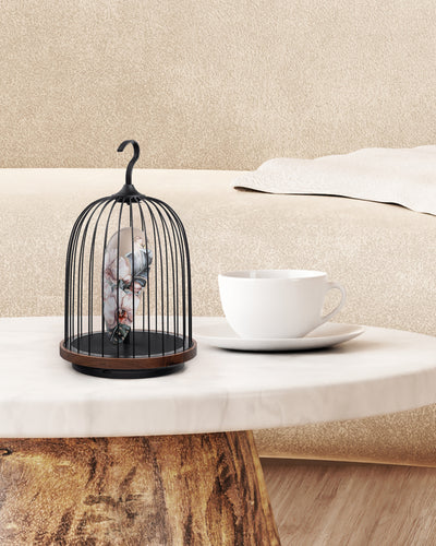 Daqi Bluetooth Speaker and Light pale green porcelain bird with flower pattern black cage and walnut color speaker base