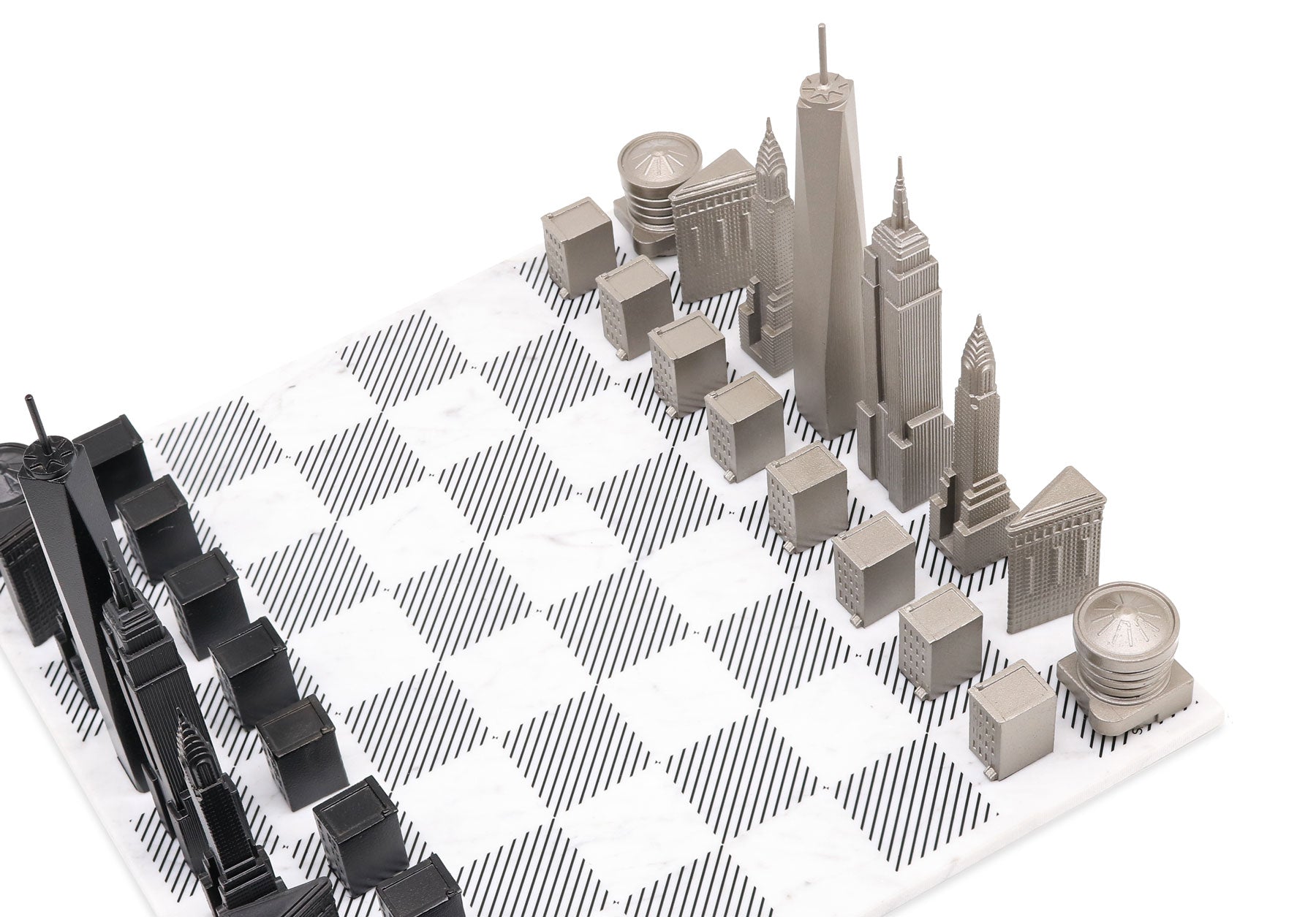 Skyline Chess Chess Set Stainless Steel NEW YORK Edition with Marble Hatch Board