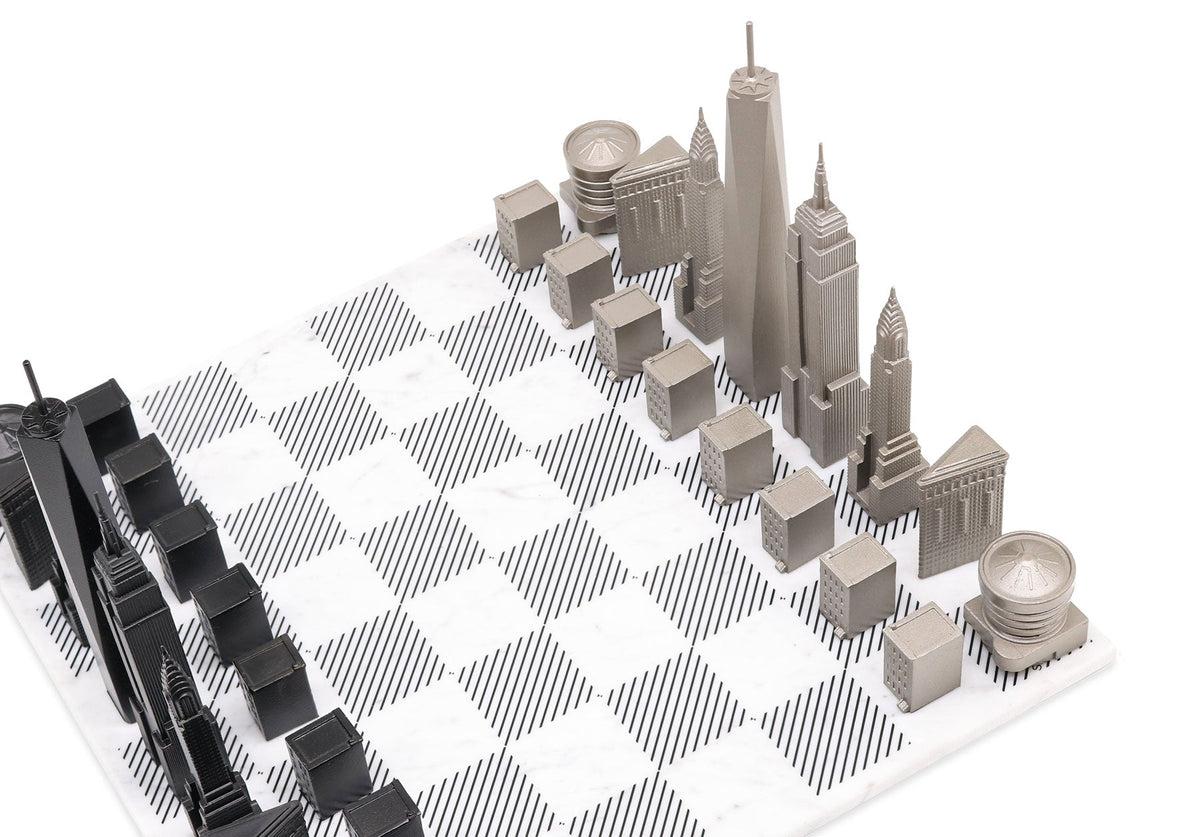 Chess Set Stainless Steel NEW YORK Edition with Marble Hatch Board