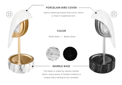 Daqi Alarm clock white porcelain bird with gold accents and white marble base wakes up with bird sound works with an app
