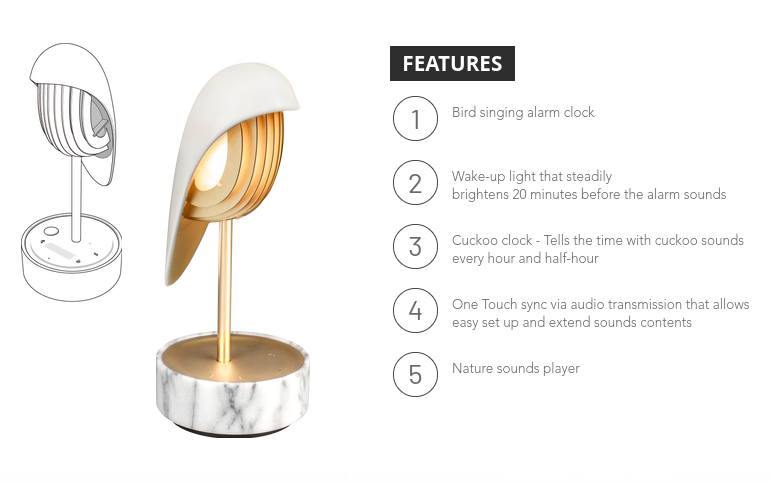 Daqi Alarm clock white porcelain bird with gold accents and white marble base wakes up with bird sound works with an app
