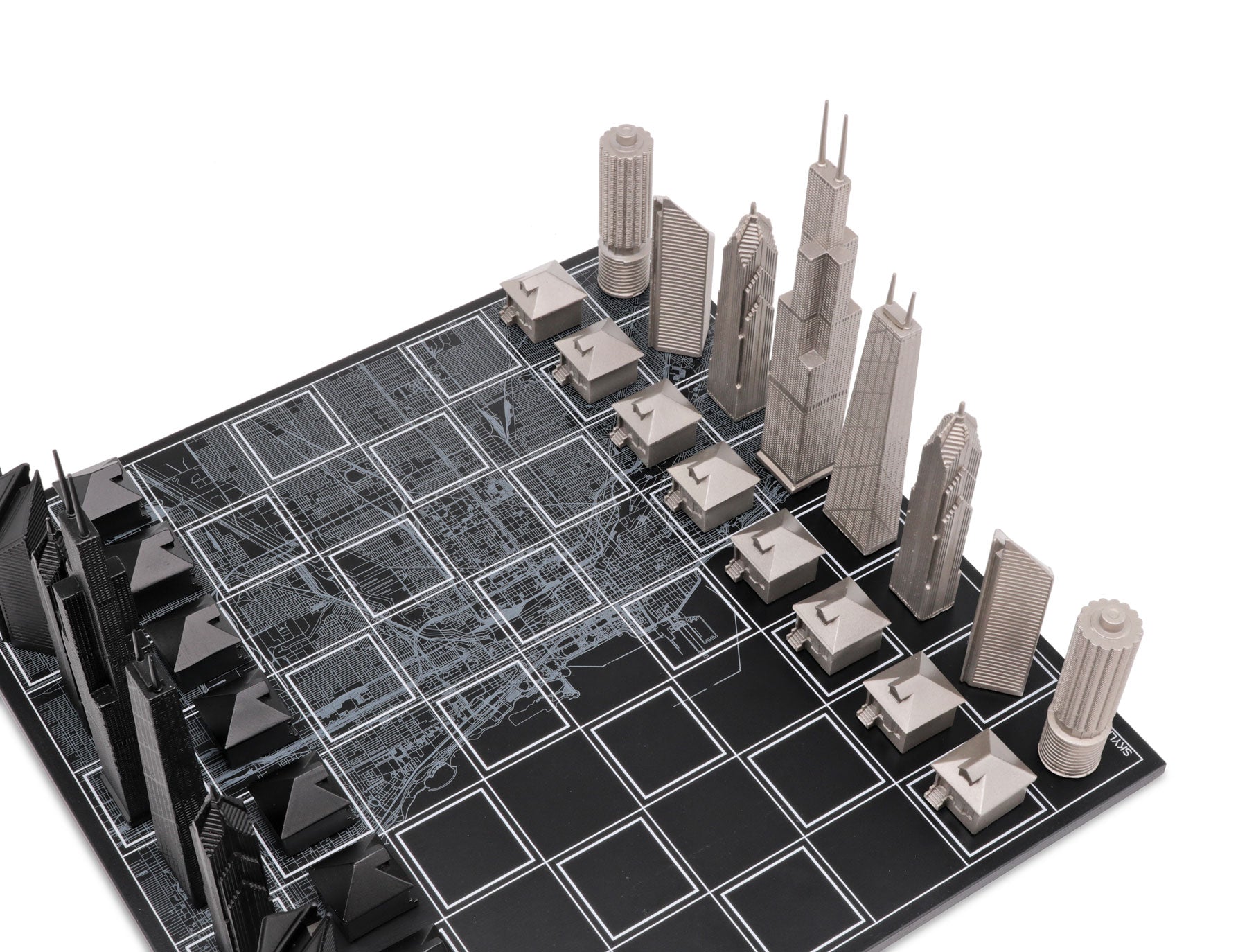 Skyline Chess Chess Set Stainless Steel CHICAGO Edition with Wood Map Board