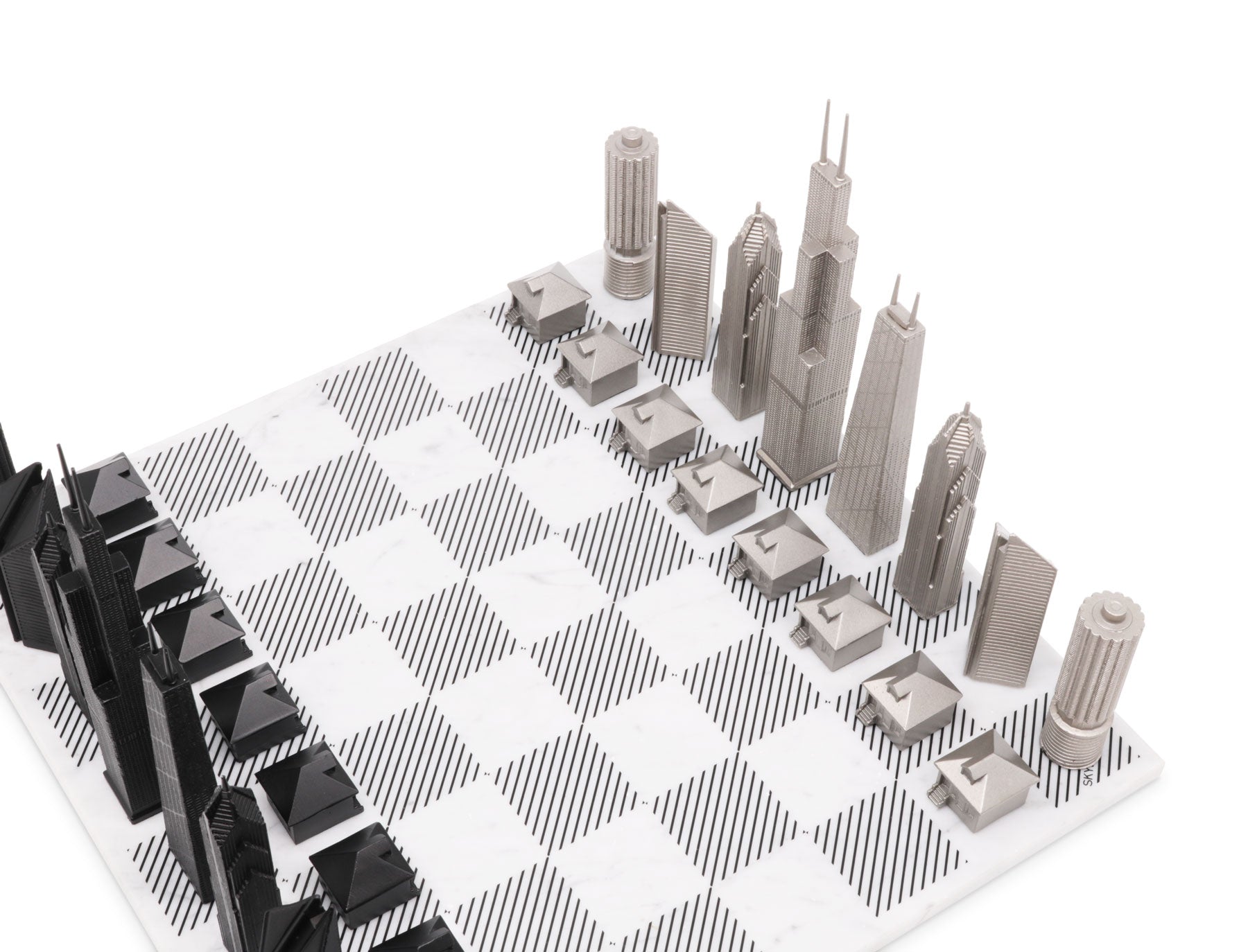 Skyline Chess Chess Set Stainless Steel CHICAGO Edition with Marble Hatch Board