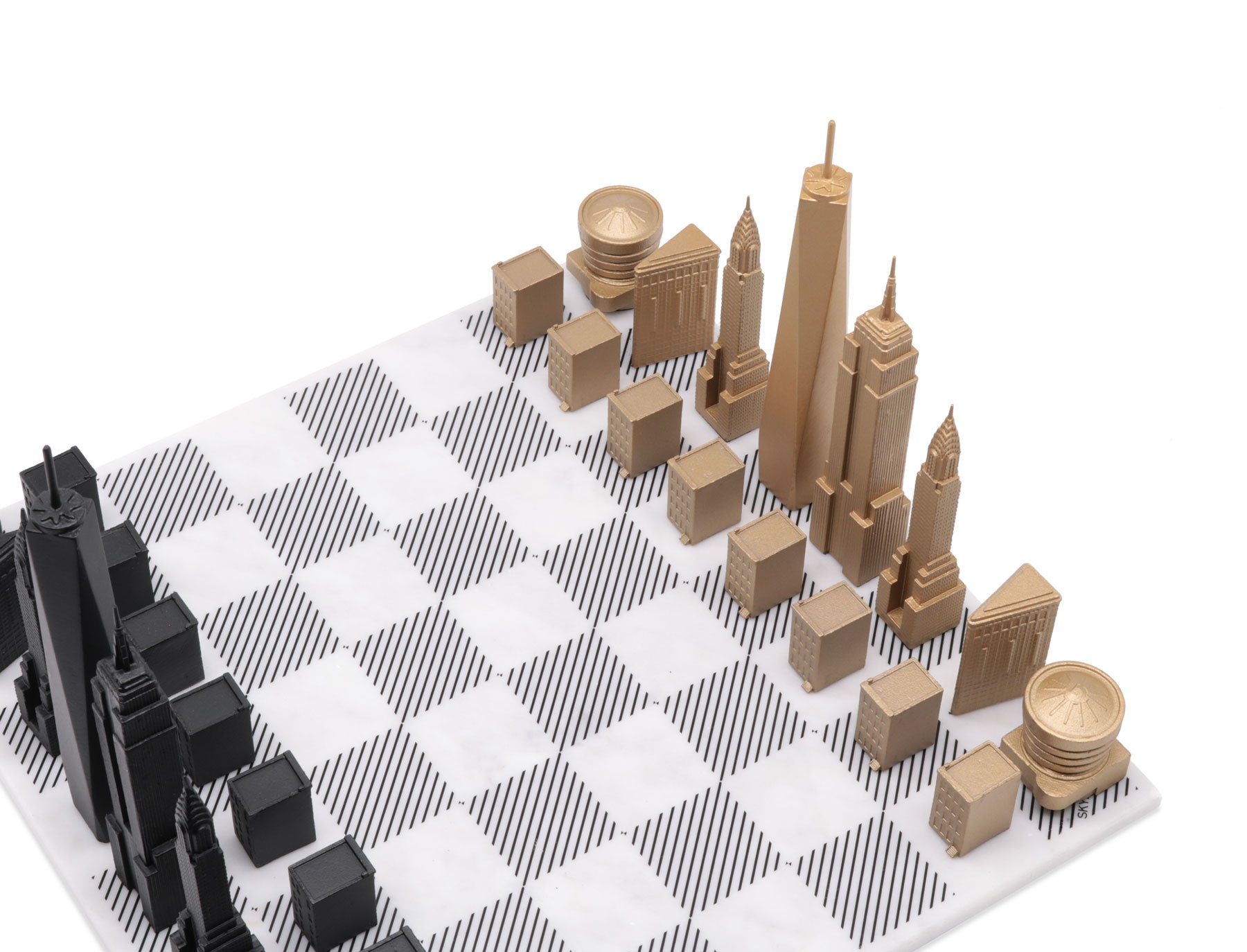 Skyline Chess Chess Set Luxury Bronze NEW YORK Edition with Marble Hatch Board