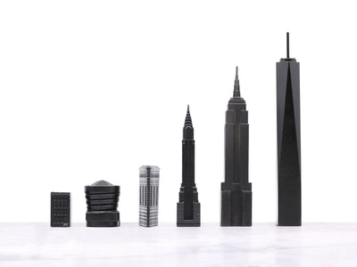 Skyline Chess Chess Set Stainless Steel NEW YORK Edition with Wood Map Board