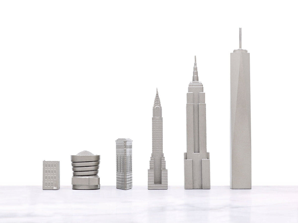 Skyline Chess Chess Set Stainless Steel NEW YORK Edition with Marble Hatch Board