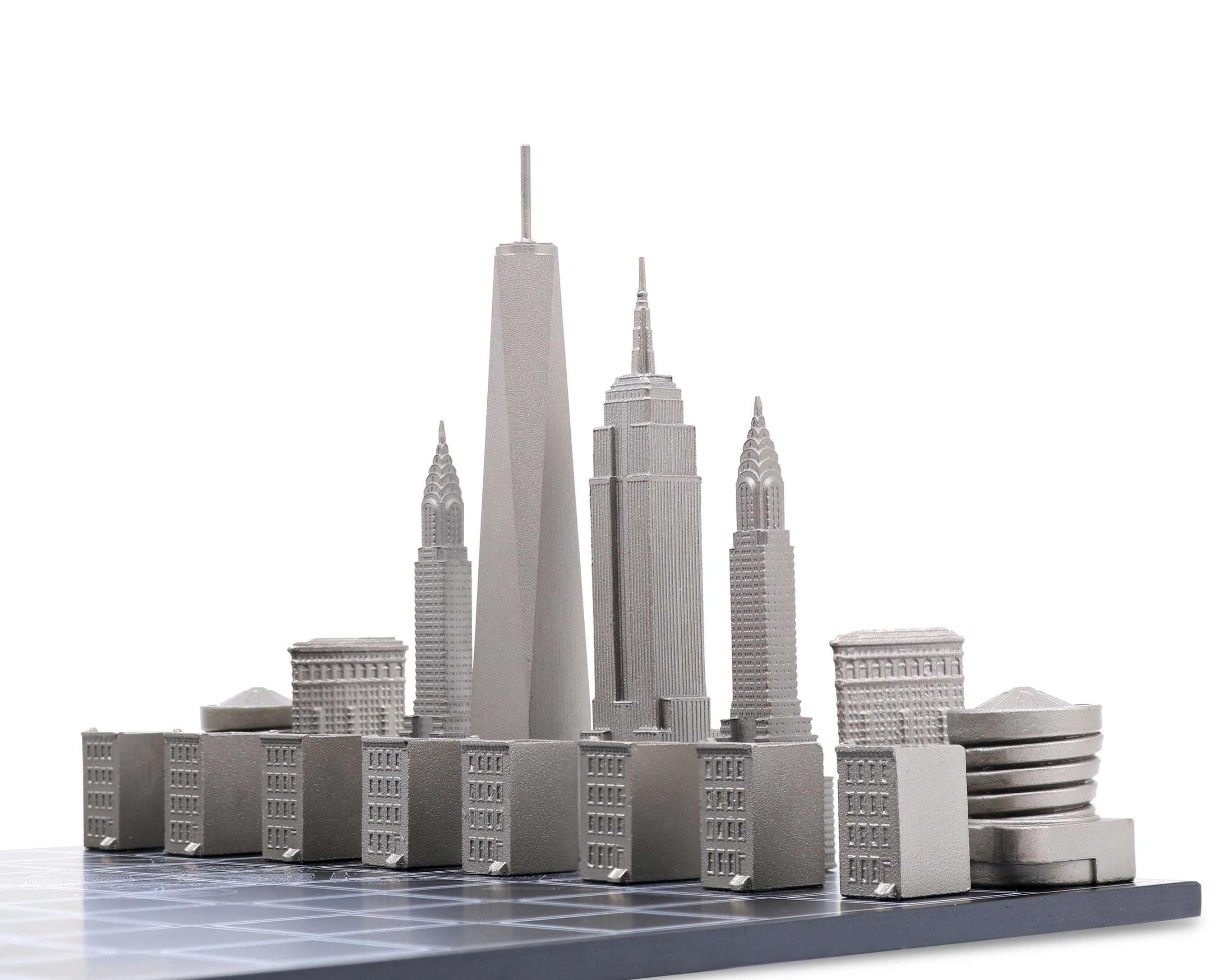 Skyline Chess Chess Set Stainless Steel NEW YORK Edition with Wood Map Board