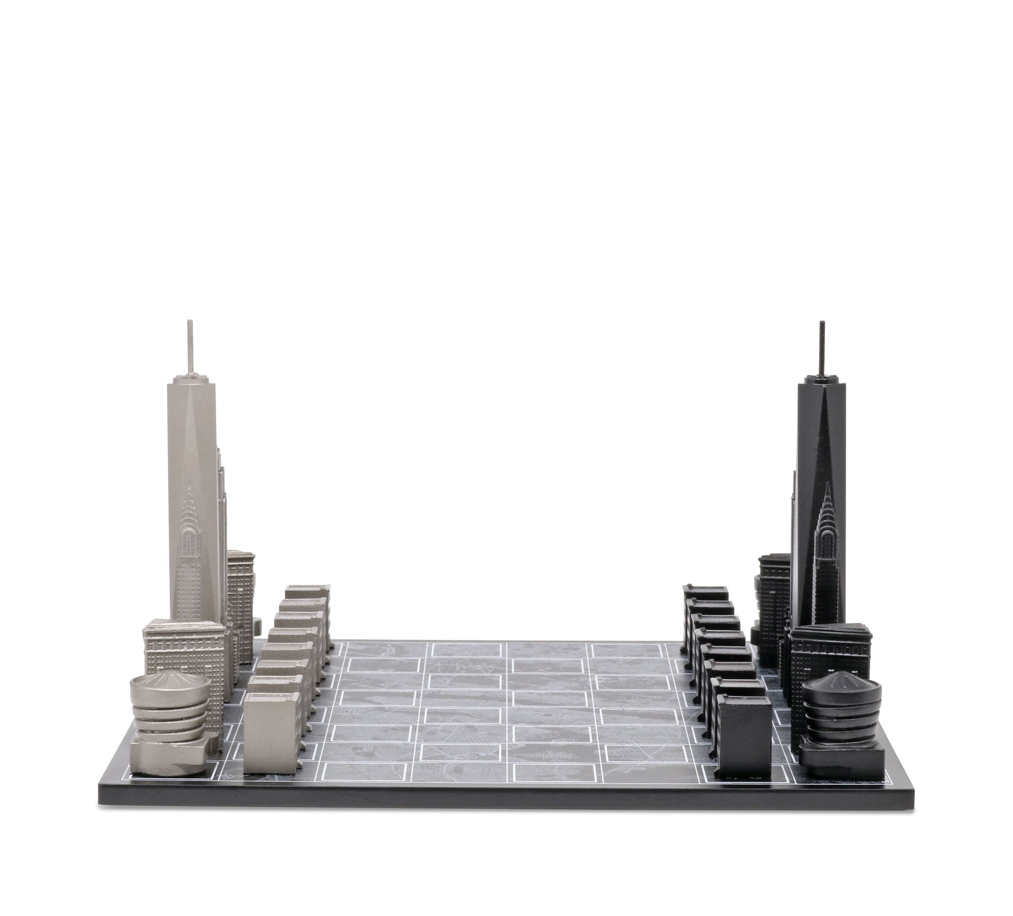 Skyline Chess Chess Set Stainless Steel NEW YORK Edition with Wood Map Board