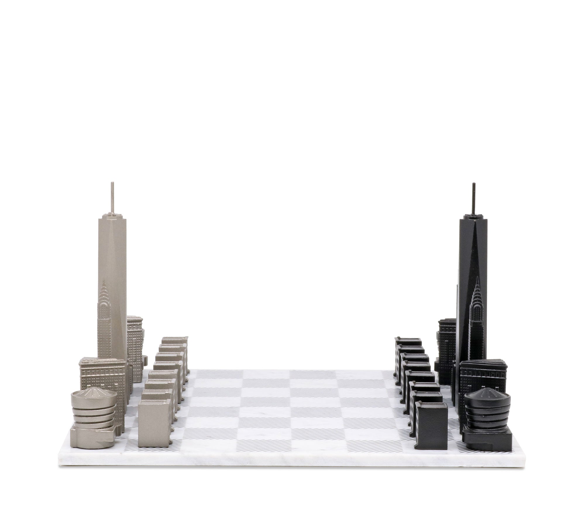 Skyline Chess Chess Set Stainless Steel NEW YORK Edition with Marble Hatch Board
