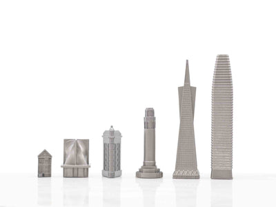 Skyline Chess Chess Set Stainless Steel SAN FRANCISCO Edition with Marble Hatch Board