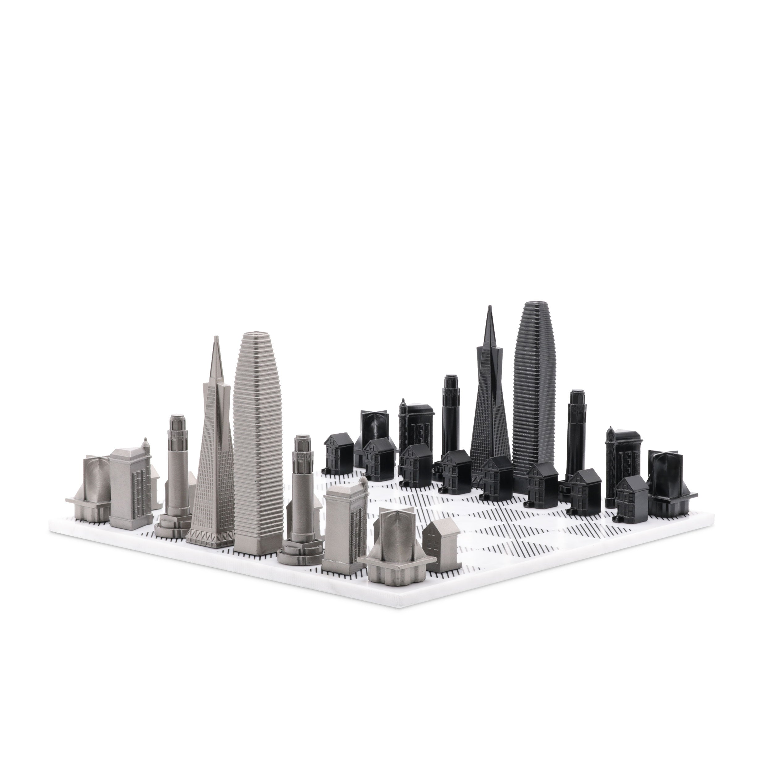 Skyline Chess Chess Set Stainless Steel SAN FRANCISCO Edition with Marble Hatch Board