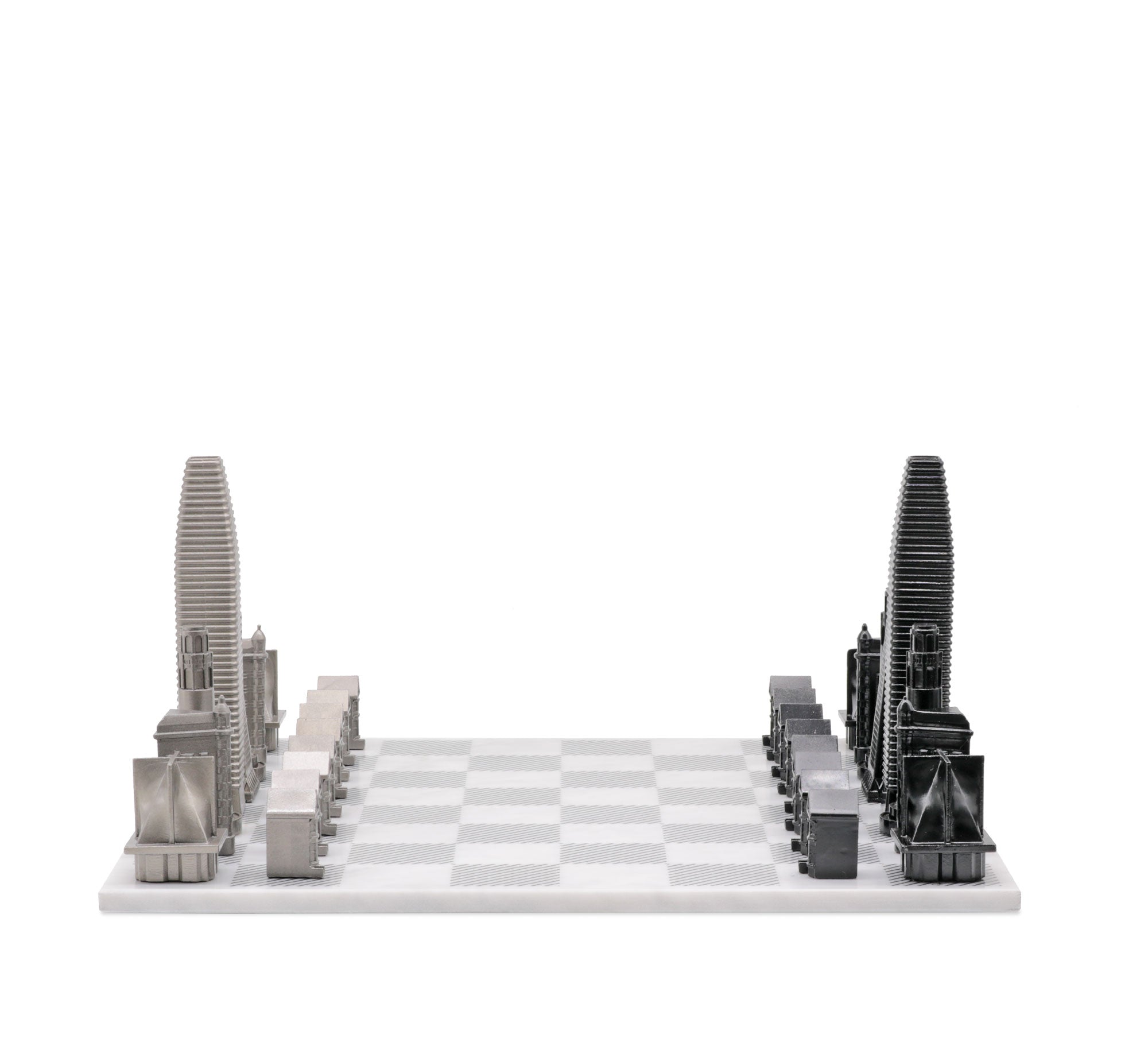 Skyline Chess Chess Set Stainless Steel SAN FRANCISCO Edition with Marble Hatch Board