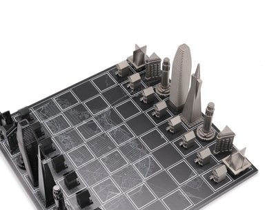 Chess Set Stainless Steel SAN FRANCISCO Edition with Wood Map Board