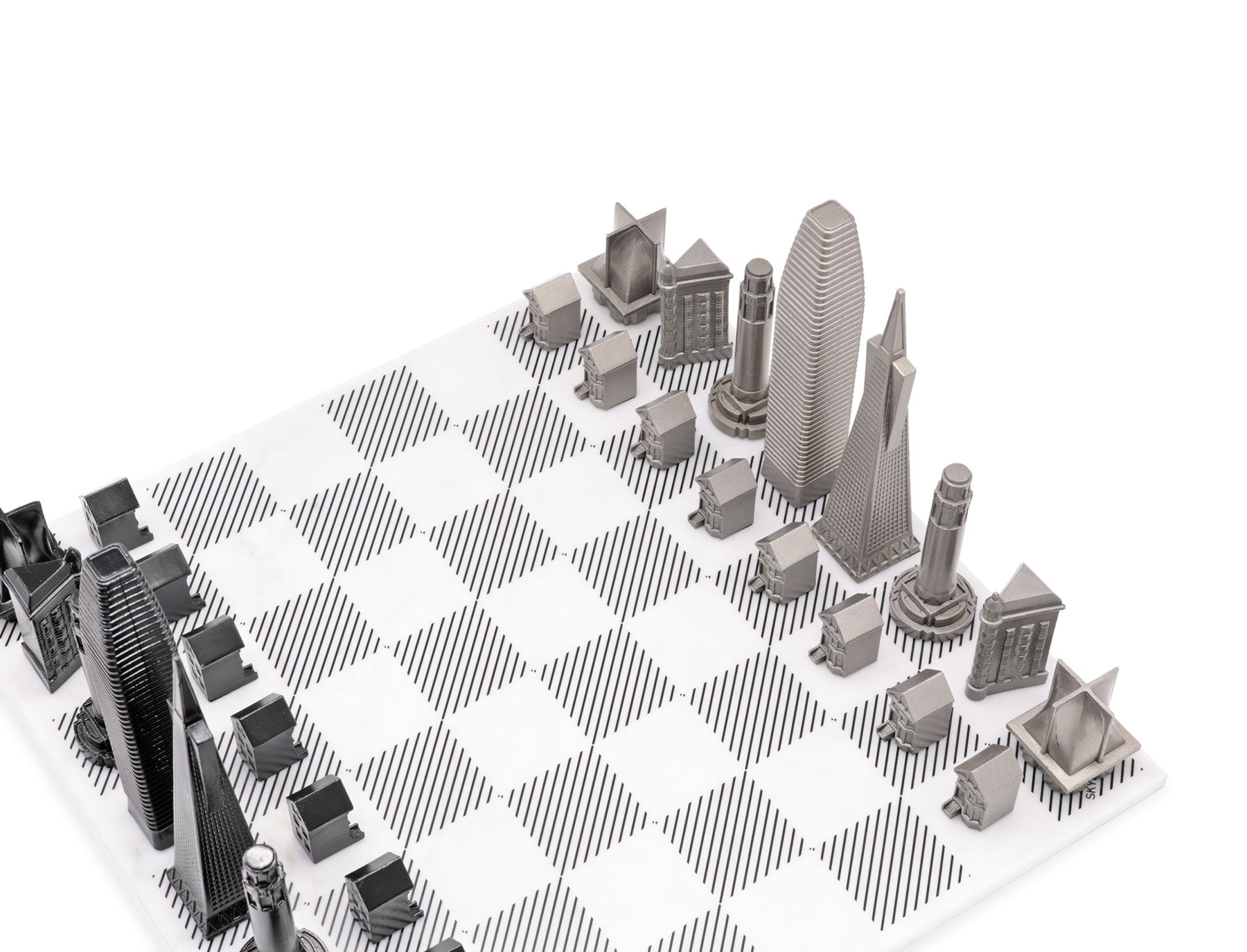 Skyline Chess Chess Set Stainless Steel SAN FRANCISCO Edition with Marble Hatch Board