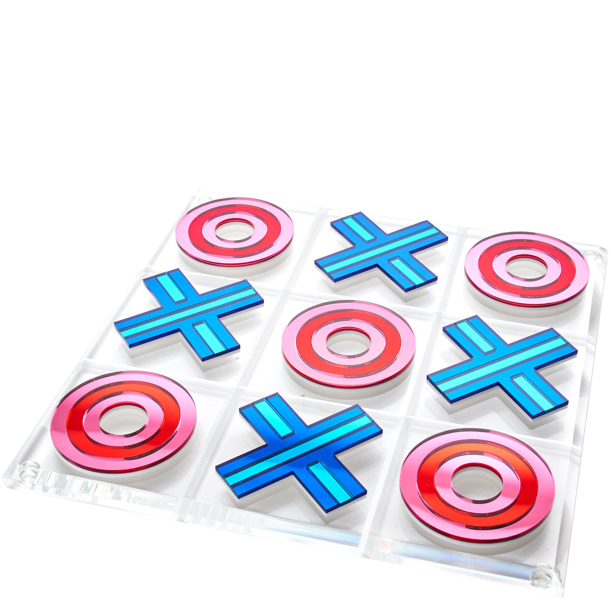 TIC TAC TOE Large Thick by and O pieces Mirror Red + Blue Stripes 12 inches by 12 inches